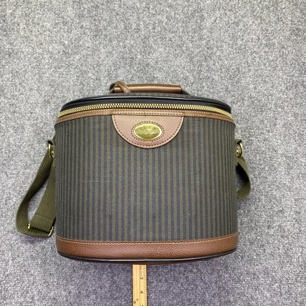 Pierre Cardin Vintage Striped Train Case Vanity Makeup Bag Brown Navy